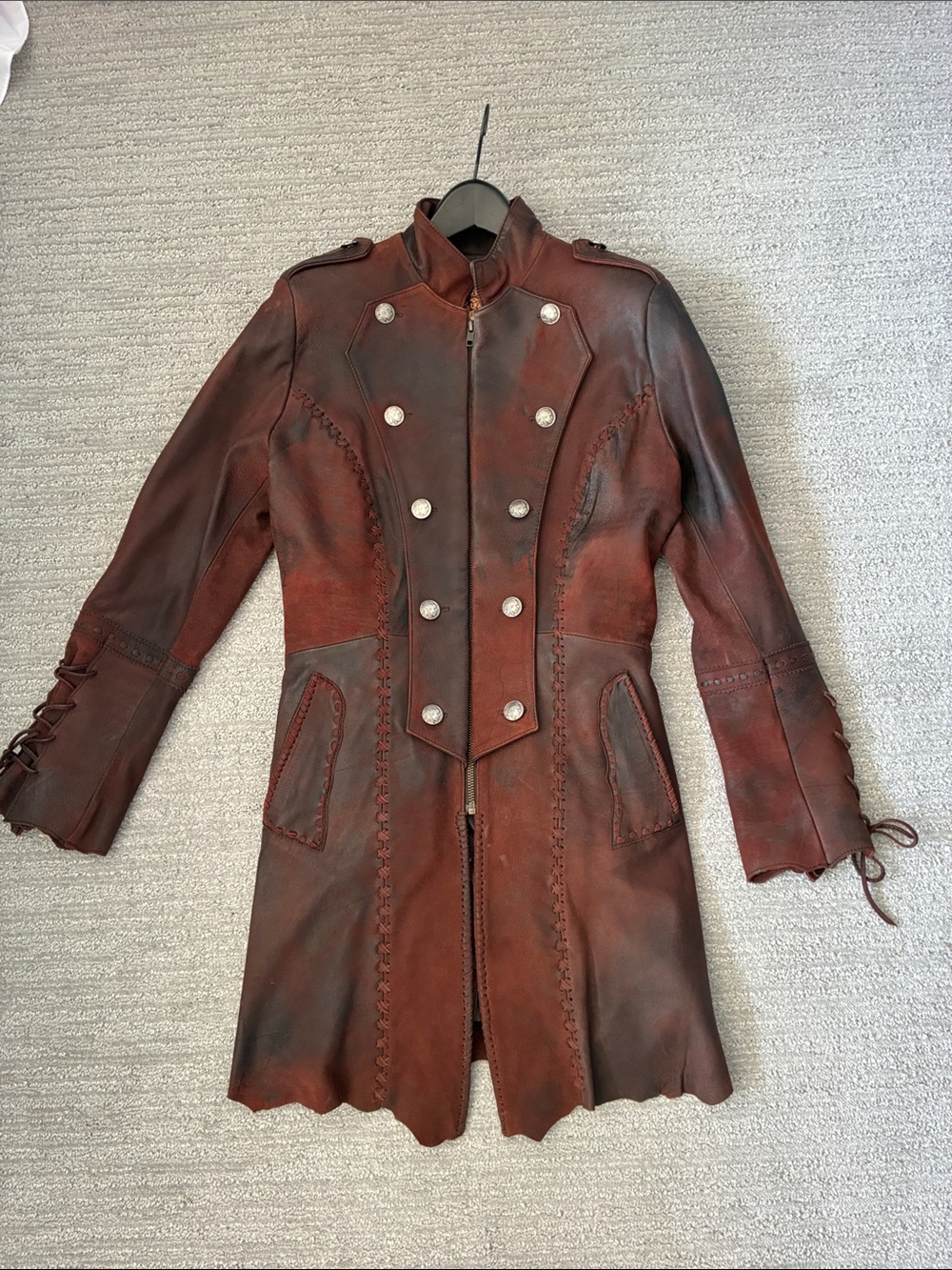 Women's Distressed Red-Brown Leather Military Coat
